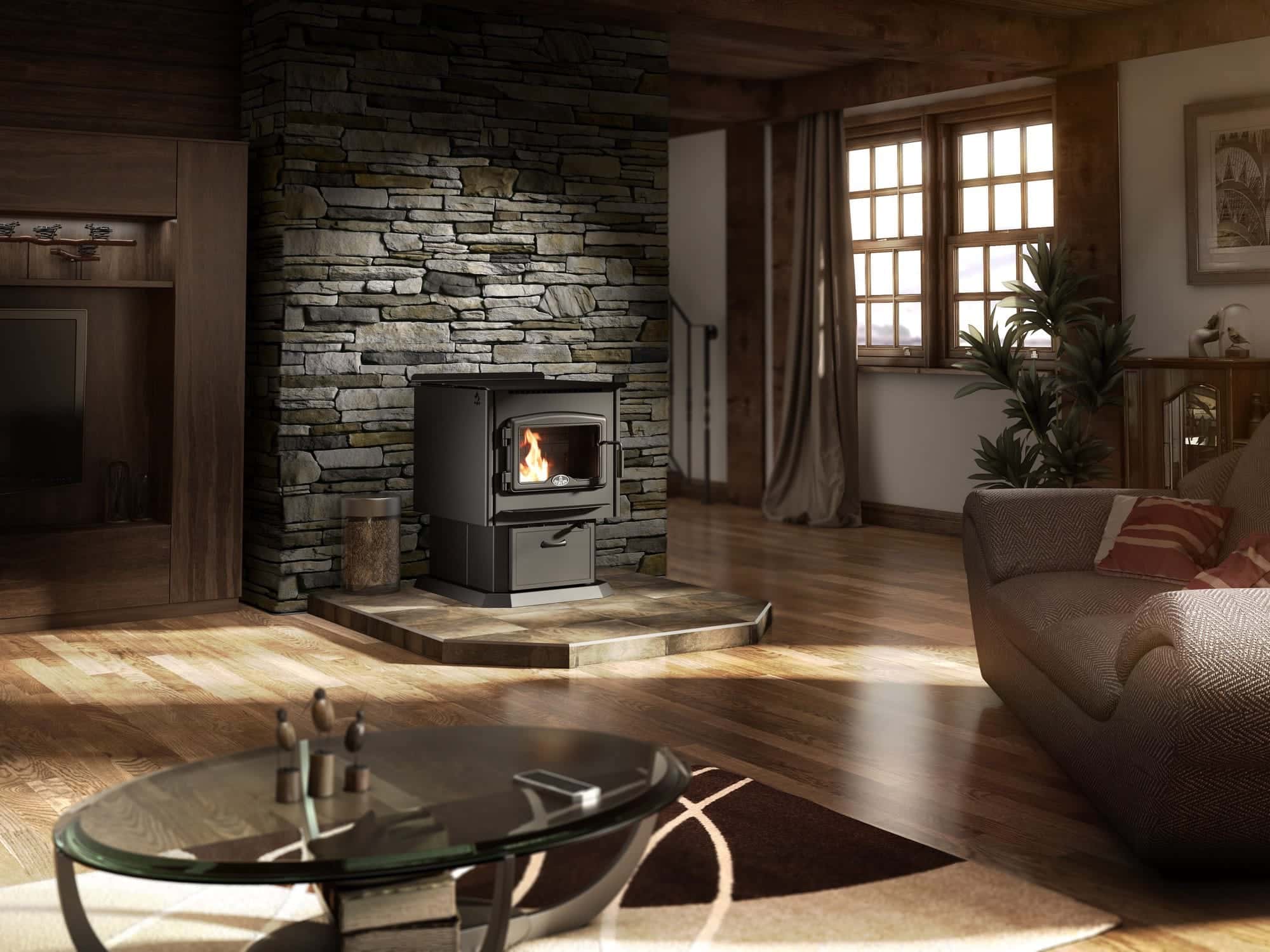 pellet stove on hardwood floors with gray mantle in living room