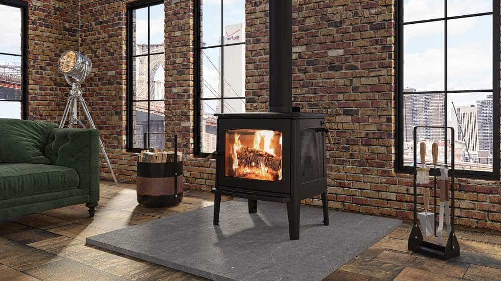Freestanding wood stove in hip brick apartment